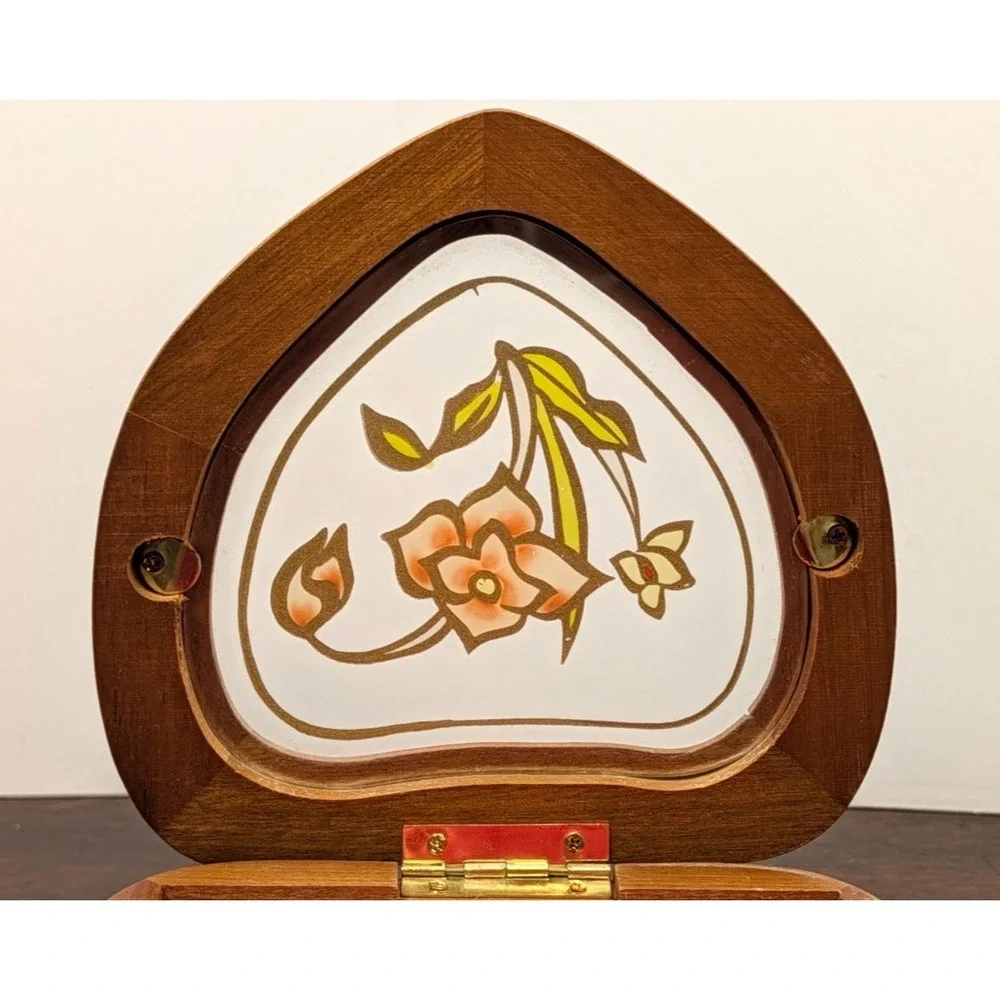 Vintage 1970s Mele Wooden Jewelry Box Floral Glass Lid Red Velvet Heart Taiwan